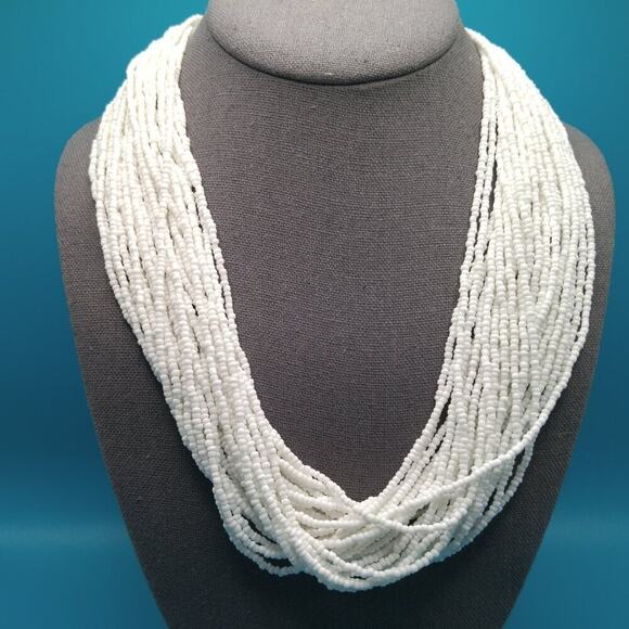 Chico's White Seed Bead Necklace, 30 Strands, Hammered Silver End Caps, 26 Inch - Picture 2 of 12